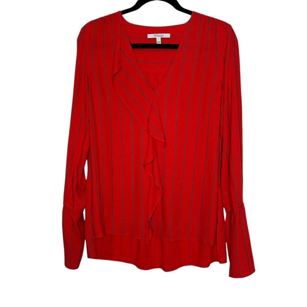 Derek Lam 10 Crosby Red/Black Striped & Mini Dot Ruffle Front Blouse Sz 8